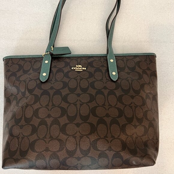 Coach Brown Signature Canvas and Leather Needlepoint Shopper Tote - Picture 1 of 4
